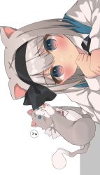 Rule 34 | 1girl, black hairband, blush, cat, closed mouth, eighth note, exif rotation, green eyes, grey cat, grey hair, hairband, highres, konpaku youmu, long sleeves, looking at another, looking at viewer, musical note, sakuramochi usa, short hair, simple background, solo, touhou, white background