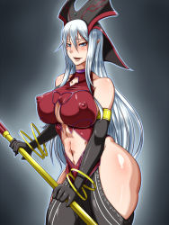 Rule 34 | 1girl, bare shoulders, bracelet, breasts, detached sleeves, duel monster, covered erect nipples, female focus, headdress, headwear request, jewelry, kanta (k n t r o), large breasts, long hair, looking at viewer, midriff, navel, pointy ears, ruin, queen of oblivion, grey eyes, silver hair, smile, solo, staff, yu-gi-oh!