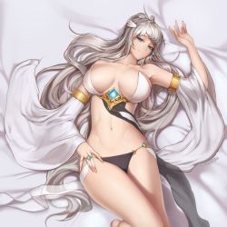 Rule 34 | 00s, 1girl, armlet, artist name, bare shoulders, breasts, closed mouth, crystal, detached sleeves, dungeon and fighter, earrings, female gunner (dungeon and fighter), gem, hand under clothes, head wings, jewelry, large breasts, long hair, looking at viewer, lying, monaim, navel, on back, on bed, original, revealing clothes, see-through, silver hair, smile, solo, stomach, strapless, very long hair, wide sleeves, wings