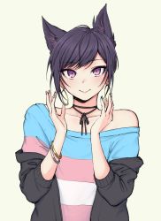 Rule 34 | 1other, animal ears, black hair, blouse, bracelet, cat ears, earrings, extra ears, grey background, highres, jewelry, lgbt pride, multicolored nails, nail polish, other focus, pas&#039; black-haired catperson, pas (paxiti), purple eyes, shirt, simple background, solo, striped clothes, striped shirt, tagme, transgender, transgender flag, upper body