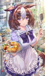 Rule 34 | 1girl, @ @, animal ears, apron, bottle, bow, bowtie, breasts, brown hair, commentary request, cowboy shot, egg (food), food, fried egg, frilled apron, frills, frying pan, hair between eyes, hands up, hanging light, highres, holding, holding plate, holding spatula, horse ears, horse girl, horse tail, horseshoe ornament, indoors, jar, ketchup, kitchen, large breasts, looking at viewer, medium hair, meisho doto (umamusume), multicolored hair, omelet, omurice, parted lips, plant, plate, potted plant, purple bow, purple bowtie, purple eyes, purple shirt, sausage, school uniform, shirt, short sleeves, skirt, solo, spatula, standing, streaked hair, tail, torino aqua, tracen school uniform, umamusume, white apron, white hair, white skirt