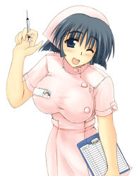 Rule 34 | 1girl, blush, breasts, clipboard, large breasts, nurse, nurse (to heart 2), one eye closed, open mouth, simple background, smile, solo, syringe, to heart, to heart (series), to heart 2, white background, wink, zekkyon