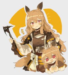 Rule 34 | 1girl, animal ears, arknights, axe, blush, brown hair, ceobe (arknights), chibi, cowboy shot, highres, holding, holding axe, long hair, odmised, open mouth, red eyes, simple background, solo