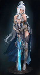 Rule 34 | 1girl, absurdres, armor, bare shoulders, blue eyes, blunt bangs, breasts, bruce zhang (awpzzggg), center opening, cleavage cutout, closed mouth, clothing cutout, collarbone, commentary, earrings, elf, full body, gauntlets, gradient background, groin, hands on hilt, high ponytail, highres, jewelry, long hair, looking at viewer, medium breasts, original, own hands together, planted, planted sword, planted weapon, pointy ears, see-through, sidelocks, simple background, solo, standing, sword, thighhighs, very long hair, weapon, white hair