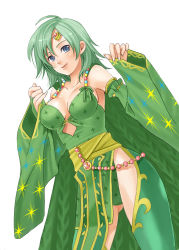 Rule 34 | 1990s (style), 1girl, armpits, blue eyes, breasts, cape, cleavage, detached sleeves, female focus, final fantasy, final fantasy iv, green hair, kareji, large breasts, retro artstyle, rydia (ff4), simple background, solo, square enix, thighhighs