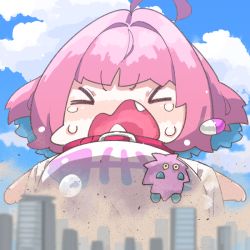 Rule 34 | 1girl, ahoge, animal print, blue hair, blue sky, breasts, building, chibi, city, closed eyes, cloud, collar, commentary, crossover, crying, day, destruction, dust cloud, earrings, fang, fish bone, fish print, giant, giantess, idolmaster, idolmaster cinderella girls, jewelry, kuriboh, large breasts, multicolored hair, open mouth, outdoors, outstretched arms, pill earrings, pink hair, shirt, short hair, short sleeves, sky, skyscraper, takato kurosuke, tears, two-tone hair, upper body, v-shaped eyebrows, white shirt, yu-gi-oh!, yumemi riamu