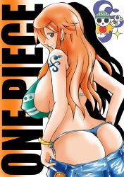 Rule 34 | 1girl, ass, back, bare arms, bare shoulders, bikini, breasts, brown eyes, cleavage, curvy, denim, highres, hip focus, huge breasts, jeans, large breasts, long hair, looking back, nami (one piece), one piece, pants, smile, solo, swimsuit, tattoo, wide hips