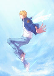 Rule 34 | 10s, 1boy, bad id, bad pixiv id, blonde hair, blue jacket, bomber jacket, changye, denim, closed eyes, flying, jacket, jeans, keith goodman, male focus, outstretched arms, pants, sky, solo, tiger &amp; bunny, wings