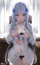 Rule 34 | 1girl, absurdres, artist name, bad id, bad pixiv id, black panties, blunt bangs, breasts, chair, coffee, collarbone, commentary request, cup, curtains, dress shirt, drink, eyes visible through hair, facial mark, facing viewer, girls&#039; frontline, green eyes, hair ornament, highres, hk416 (girls&#039; frontline), holding, holding cup, ibuki grunt, indoors, large breasts, light particles, long hair, long sleeves, looking at viewer, mug, navel, no bra, on chair, open clothes, open mouth, open shirt, panties, shirt, signature, silver hair, sitting, solo, steam, teardrop, twitter username, underwear, white shirt