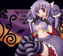 Rule 34 | 1girl, breasts, cape, cleavage, creatures (company), dress, drifloon, english text, female focus, flapper shirt, game freak, gen 4 pokemon, gloves, hair ribbon, halloween, large breasts, long hair, navel, nintendo, open mouth, personification, pokemon, purple hair, red eyes, ribbon, shirt, solo, thighhighs, twintails, underboob