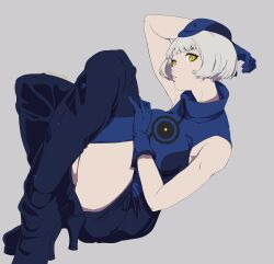 Rule 34 | 1girl, absurdres, armpits, bare shoulders, blue dress, blue footwear, blue gloves, blue hat, bob cut, boots, breasts, cabbie hat, commentary request, dress, elizabeth (persona), gloves, grey background, grey hair, hat, high heel boots, high heels, highres, lips, looking at viewer, medium breasts, no legwear, parted lips, persona, persona 3, pink lips, short hair, simple background, sitting, sleeveless, sleeveless dress, solo, thigh boots, umenituru, yellow eyes