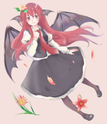 Rule 34 | 1girl, arm garter, bad id, bad pixiv id, black footwear, black skirt, brown pantyhose, demon girl, demon wings, dress, dutch angle, flower, full body, head wings, koakuma, long hair, long sleeves, mary janes, necktie, pantyhose, red eyes, red hair, red necktie, sail (blacksail), shoes, simple background, skirt, smile, solo, striped clothes, striped pantyhose, touhou, vertical-striped clothes, vertical-striped pantyhose, very long hair, vest, wings