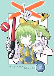 Rule 34 | 1girl, bicycles only sign, blue border, blue dress, border, bow, closed eyes, closed mouth, colored skin, commentary request, cookie (touhou), daiyousei, diyusi (cookie), dress, expressionless, gloves, green hair, hair bow, hide (acceed), high-visibility vest, high ponytail, highres, holding, index finger raised, long hair, manatsu no yo no inmu, medium bangs, no entry sign, off (game), offside: diyusi, outside border, pinafore dress, road sign, sign, sleeveless, sleeveless dress, solo, sznkrs, touhou, traffic baton, upper body, warning sign, white gloves, white skin, x, yellow bow