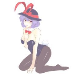 Rule 34 | 1girl, between breasts, black pantyhose, bow, bowtie, breasts, cleavage, detached collar, hat, hat ribbon, isaki (gomi), leotard, nagae iku, no shoes, open mouth, pantyhose, playboy bunny, purple hair, rabbit tail, red eyes, ribbon, short hair, sitting, solo, tail, touhou, wariza, wrist cuffs