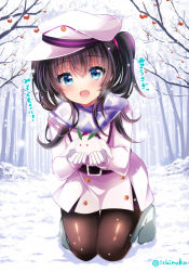 Rule 34 | 1girl, :d, blue eyes, boots, brown hair, brown pantyhose, coat, collared coat, commentary request, day, gloves, hair between eyes, hat, holding, ichiyou moka, kneeling, long hair, long sleeves, open mouth, original, outdoors, pantyhose, peaked cap, smile, snow, snow rabbit, snowing, solo, translation request, tree, two side up, white coat, white footwear, white gloves, white hat