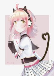Rule 34 | 1girl, animal ear headphones, animal ears, animal print, arm warmers, artist name, artist request, belt, black sailor collar, blunt bangs, blush, breasts, brown eyes, cat ear headphones, cat print, cat tail, checkered clothes, checkered skirt, collarbone, crown print, dokipipo emotion, dokipipo emotion (love live!), drawing, fake animal ears, female focus, flat chest, hair ornament, headphones, heart, heart (symbol), heart print, highres, holding, holding notebook, looking at viewer, love live!, love live! nijigasaki high school idol club, love live! school idol festival, miniskirt, neckerchief, necktie, notebook, paper, parted lips, pink background, pink belt, pink hair, pink neckerchief, pink necktie, plaid, plaid skirt, pleated, pleated skirt, puffy short sleeves, puffy sleeves, sailor collar, shirt, short hair, short sleeves, sketchbook, skirt, small breasts, smile, solo, star (symbol), star print, striped, striped sleeves, suspenders, tail, tennoji rina, white background, white shirt, white skirt, yellow eyes