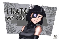 Rule 34 | 1girl, black hair, blood, blood on face, broken torpedo, dalek, dalek sec, deadpan, doctor who, elbow gloves, english text, eyepatch, gloves, looking at viewer, personification, short hair, simple background, solo, yellow eyes