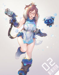 Rule 34 | 1girl, adapted costume, bare arms, black-framed eyewear, blue gloves, boots, breasts, brown hair, commentary, dress, english commentary, fur trim, glasses, gloves, gun, handgun, highres, large breasts, lino chang, looking at viewer, mei (overwatch), open mouth, orange eyes, overwatch, overwatch 2, pelvic curtain, ponytail, short dress, simple background, sleeveless, sleeveless dress, snowflakes, solo, standing, standing on one leg, teeth, thighs, upper teeth only, weapon