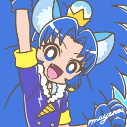Rule 34 | 1girl, animal ears, arm up, blue background, blue eyes, blue gloves, blue hair, blue jacket, blush, bright pupils, buttons, clenched hand, crown, crown earrings, cure gelato, double-breasted, earrings, eyelashes, fang, food-themed hair ornament, fur trim, gloves, hair intakes, hair ornament, highres, ice cream hair ornament, jacket, jewelry, kirakira precure a la mode, lion ears, long hair, looking at viewer, magical girl, mayena, mini crown, open mouth, outline, precure, signature, simple background, smile, solo, tategami aoi, upper body, white outline, white pupils