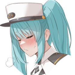Rule 34 | 1girl, blue hair, blush, closed eyes, cropped shoulders, embarrassed, from side, goddess of victory: nikke, hat, light blue hair, long hair, military, military hat, military uniform, peaked cap, portrait, privaty (nikke), sidelocks, solo, sweat, uniazi mikan, uniform, white hat
