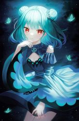 Rule 34 | 1girl, bad id, bad pixiv id, blue butterfly, blue dress, blue hair, bug, butterfly, closed mouth, commentary request, cowboy shot, detached collar, double bun, dress, green hair, hair bun, hair ornament, hair ribbon, hand up, highres, hololive, insect, light blush, long sleeves, looking at viewer, medium hair, multicolored hair, poise, red eyes, ribbon, skull hair ornament, solo, standing, streaked hair, uruha rushia, uruha rushia (1st costume), virtual youtuber, wide sleeves