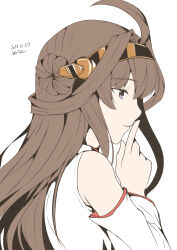 Rule 34 | 1girl, ahoge, brown hair, commission, dated, detached sleeves, double bun, finger to mouth, hair bun, hairband, headgear, highres, japanese clothes, kantai collection, kongou (kancolle), long hair, looking at viewer, profile, purple eyes, simple background, solo, taira yuuki, upper body, white background