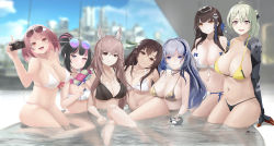 Rule 34 | 6+girls, absurdres, animal ear fluff, animal ears, arms behind back, artist name, bare shoulders, bikini, black bikini, black hair, blue hair, blush, braid, breasts, brown hair, camera, cleavage, closed mouth, collarbone, de lacey (neural cloud), earrings, eyewear on head, girls&#039; frontline, girls&#039; frontline neural cloud, gold bikini, green hair, hair bun, hair ornament, hair ribbon, hairclip, hand on floor, heterochromia, highres, holding, holding camera, holding water gun, hubble (neural cloud), jewelry, large breasts, legs, long hair, looking at viewer, mechanical arms, medium breasts, medium hair, mole, mole under mouth, multicolored hair, multiple girls, navel, necklace, on water, onsen, open mouth, persicaria (neural cloud), pink hair, pool, ribbon, single hair bun, single mechanical arm, sitting, smile, standing, star-shaped pupils, star (symbol), swimsuit, symbol-shaped pupils, teeth, thighs, type 64 (girls&#039; frontline), type 95 (girls&#039; frontline), upper teeth only, vee (neural cloud), vinsentyu, water gun, white bikini, willow (neural cloud), yellow bikini