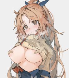 Rule 34 | 1girl, areola slip, arknights, bandaid, bandaids on nipples, blush, breasts, clothes pull, commentary, commission, feather hair, highres, large breasts, long hair, looking at viewer, mikozin, mole, mole under eye, orange eyes, orange hair, parted lips, pasties, pinecone (arknights), ponytail, simple background, skeb commission, skirt, skirt pull, solo, sweat, sweater, sweater pull, white background