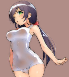 Rule 34 | 10s, 1girl, alternate costume, arms at sides, breasts, brown background, from below, green eyes, long hair, looking at viewer, love live!, love live! school idol project, medium breasts, one-piece swimsuit, one eye closed, pokachu, purple hair, school swimsuit, simple background, solo, swimsuit, tojo nozomi, twintails, white one-piece swimsuit, white school swimsuit