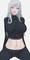 Rule 34 | 1girl, absurdres, ak-12 (girls&#039; frontline), arms behind back, black pants, breasts, collarbone, commentary request, covered collarbone, cropped shirt, drooling, girls&#039; frontline, grey hair, highres, impossible clothes, impossible shirt, large breasts, long hair, long sleeves, looking at viewer, midriff, navel, open mouth, pants, purple eyes, re1kirisaki342, shirt, simple background, solo, stomach, teeth, tongue, tongue out, unusually open eyes, upper body, white background