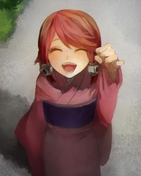 Rule 34 | 1girl, :d, ^ ^, akilico, blazblue, child, closed eyes, from above, hair tubes, japanese clothes, kimono, long hair, obi, open mouth, pinky out, pinky swear, red hair, sash, smile, solo, tsubaki yayoi, aged down