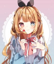 Rule 34 | 1girl, :3, black bow, blue background, blue eyes, blue nails, blue shirt, blush, bow, brown hair, closed mouth, doily, food, gradient background, hair bow, heart, heart-shaped pupils, heripiro, heterochromia, highres, holding, holding food, long bangs, long hair, long sleeves, looking at viewer, nail polish, original, pastry, pink background, pink nails, red eyes, shirt, sidelocks, simple background, smile, solo, straight-on, symbol-shaped pupils, two-tone shirt, upper body, white shirt