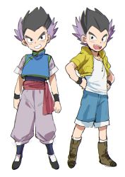 Rule 34 | 10s, 1boy, :d, alternate costume, arms at sides, bad id, bad pixiv id, bidarian, black eyes, black hair, boots, child, chinese clothes, cosplay, dragon ball, dragon ball super, dragonball z, frown, full body, gotenks, hand on own hip, highres, jacket, male focus, multicolored hair, open mouth, purple hair, shirt, short hair, shorts, simple background, smile, socks, son goten, son goten (cosplay), spiked hair, teeth, trunks (dragon ball), trunks (dragon ball) (cosplay), two-tone hair, white background, white legwear, white shirt, wristband, yellow jacket