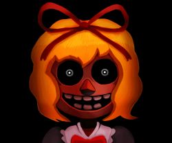 Rule 34 | bad id, bad pixiv id, balloon boy (fnaf), black background, black sclera, blonde hair, colored sclera, constricted pupils, creepy, five nights at freddy&#039;s, five nights at freddy&#039;s 2, five nights at freddy&#039;s 3, fusion, grin, hair ribbon, horror (theme), looking at viewer, medicine melancholy, parody, portrait, ribbon, simple background, smile, ssack, teeth, touhou