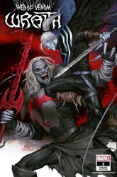Rule 34 | 2boys, armor, armored boots, battle, blue skin, boots, cape, character request, colored skin, commentary, cover, evil grin, evil smile, fingernails, glowing, glowing eyes, grey hair, grey skin, grin, highres, holding, holding sword, holding weapon, in-hyuk lee, knull (marvel), long fingernails, long hair, male focus, marvel, multiple boys, ponytail, sharp fingernails, signature, smile, sword, weapon, wraith (marvel), zak-del