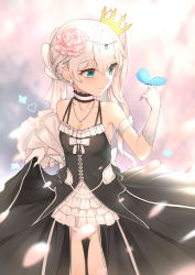 Rule 34 | 1girl, absurdres, aqua eyes, black dress, blue butterfly, blurry, blurry background, breasts, bug, butterfly, butterfly on hand, cross, cross necklace, crown, dress, flower, frilled dress, frills, gloves, gluteal fold, hair flower, hair ornament, highres, honkai (series), honkai impact 3rd, bug, jewelry, lifting own clothes, necklace, short hair, simple background, small breasts, standing, theresa apocalypse, tilted headwear, white gloves, white hair, zhourues