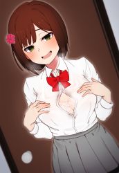 Rule 34 | 1girl, :d, after paizuri, blunt bangs, blurry, blurry background, blush, bow, bowtie, breasts, brown hair, collared shirt, commentary request, cowboy shot, cum, cum on body, cum on breasts, cum on upper body, cum string, door, dress shirt, dutch angle, fang, flower, green eyes, grey skirt, hair flower, hair ornament, hands on own chest, hands up, heavy breathing, highres, idolmaster, idolmaster cinderella girls, indoors, long sleeves, looking at viewer, maekawa miku, medium breasts, minakamirin, open mouth, partially unbuttoned, pleated skirt, red bow, red bowtie, red flower, school uniform, shirt, shirt tucked in, short hair, skirt, smile, solo, standing, sweat, swept bangs, white shirt