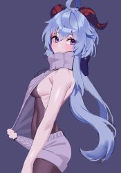 Rule 34 | 1girl, ahoge, blue hair, blush, bodystocking, bodysuit, bow, breasts, clothes pull, from side, ganyu (genshin impact), genshin impact, highres, horns, leavv, long hair, looking at viewer, low ponytail, medium breasts, meme attire, pantyhose, pulled by self, purple eyes, sideboob, sidelocks, solo, standing, virgin killer sweater