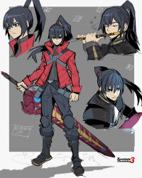 Rule 34 | 1boy, absurdres, black footwear, black pants, blue eyes, boots, closed mouth, commentary, copyright name, english commentary, grey background, hair between eyes, highres, holding, holding instrument, holding sword, holding weapon, huge weapon, instrument, instrument request, jacket, long hair, looking at viewer, male focus, multiple views, music, noah (xenoblade), open clothes, open jacket, pants, playing instrument, ponytail, projectdivider, red jacket, standing, sword, two-tone background, v-shaped eyebrows, very long hair, weapon, white background, xenoblade chronicles (series), xenoblade chronicles 3