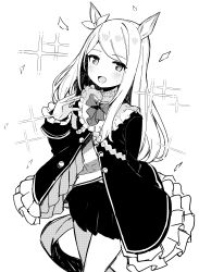 Rule 34 | 1girl, :d, absurdres, animal ears, blush, bow, frilled jacket, frilled sleeves, frills, greyscale, hajime kaname, hand up, highres, horse ears, horse girl, horse tail, jacket, long sleeves, looking at viewer, mejiro mcqueen (umamusume), monochrome, open clothes, open jacket, open mouth, petals, pleated skirt, skirt, sleeves past wrists, smile, solo, sparkle, swept bangs, tail, umamusume