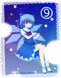 Rule 34 | 1girl, blue background, border, circled 9, cirno, female focus, full body, gradient background, invisible chair, lace, lace border, omuni, ornate border, phantasmagoria of flower view, sitting, skirt, snowing, socks, solo, touhou, watermark, web address, white socks, wings
