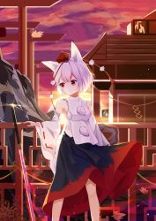 Rule 34 | 1girl, absurdres, animal ears, architecture, bare shoulders, black skirt, closed mouth, cloud, cloudy sky, detached sleeves, east asian architecture, highres, inubashiri momiji, katana, orange sky, outdoors, pom pom (clothes), red eyes, shirt, short hair, sijidiaoxian, skirt, sky, solo, sun, sunset, sword, tail, touhou, weapon, white hair, white shirt, white sleeves, wolf ears, wolf girl, wolf tail