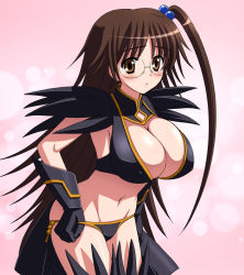 Rule 34 | 00s, 1girl, breasts, brown eyes, brown hair, cleavage, covered erect nipples, feet out of frame, glasses, gloves, hair bobbles, hair ornament, kazakiri hyouka, kishi nisen, large breasts, long hair, midriff, navel, side ponytail, solo, stomach, thighs, toaru majutsu no index, very long hair