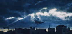 Rule 34 | building, chromatic aberration, cloud, cloudy sky, dark clouds, dark sky, floating, flying, flying whale, highres, hiromumaru, light rays, no humans, original, outdoors, rooftop, signature, silhouette, sky, solo, sunbeam, sunlight, surreal, whale