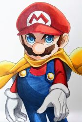 Rule 34 | 1boy, blue eyes, brown hair, cape, cape mario, facial hair, gloves, hat, looking at viewer, male focus, mario, mario (series), mustache, nintendo, overalls, serious, sideburns, solo, standing, super mario world