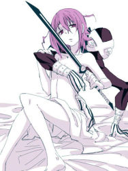Rule 34 | 00s, 1girl, androgynous, barefoot, bed, bed sheet, black skin, colored skin, covering chest, covering privates, crona (soul eater), flat chest, gauntlets, gloves, jpeg artifacts, lowres, monochrome, nude, purple eyes, purple hair, purple theme, ragnarok (demon sword), short hair, shuri (84k), sitting, solo, soul eater, spikes, striped clothes, striped gloves, sword, weapon, x x