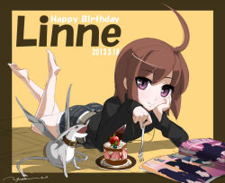 Rule 34 | 1girl, ahoge, artist request, ass, barefoot, brown hair, cake, head rest, collar, creature, familiar, food, fork, french-bread, fruit, huge ahoge, kuu (under night in-birth), linne, lying, magazine (object), on stomach, purple eyes, reading, short hair, shorts, signature, smile, soles, strawberry, toes, under night in-birth