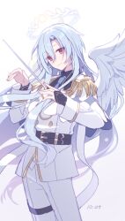 Rule 34 | black shirt, blue necktie, closed mouth, collared shirt, dated, epaulettes, feathered wings, gradient background, grey background, grey hair, hair between eyes, halo, head tilt, hijiri (resetter), holding, jacket, long hair, long sleeves, necktie, original, pants, parted bangs, red eyes, shirt, smile, solo, very long hair, white background, white jacket, white pants, white wings, wings