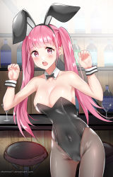 Rule 34 | 1girl, animal ears, black leotard, blush, bow, bowtie, breasts, rabbit ears, cameltoe, cleavage, covered navel, cup, detached collar, deviantart username, drinking glass, fake animal ears, female focus, fire emblem, fire emblem: three houses, highleg, highleg leotard, highres, hilda valentine goneril, large breasts, leotard, long hair, looking at viewer, matching hair/eyes, nintendo, okamired, open mouth, pantyhose, pink eyes, pink hair, playboy bunny, solo, standing, stool, twintails, watermark, web address, wine glass, wrist cuffs