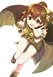 Rule 34 | 1girl, armor, bare shoulders, blush, boots, bow, bracelet, breastplate, brown eyes, brown hair, cape, delthea (fire emblem), fang, fire emblem, fire emblem echoes: shadows of valentia, highres, jewelry, kazakami 73, long hair, nintendo, open mouth, ponytail, simple background, solo, thighs, white background